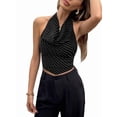 thumbnail image 2 of Women'S Striped Halter Tops Tie Backless Open Back Draped Front Crop Tank Top Black L, 2 of 10