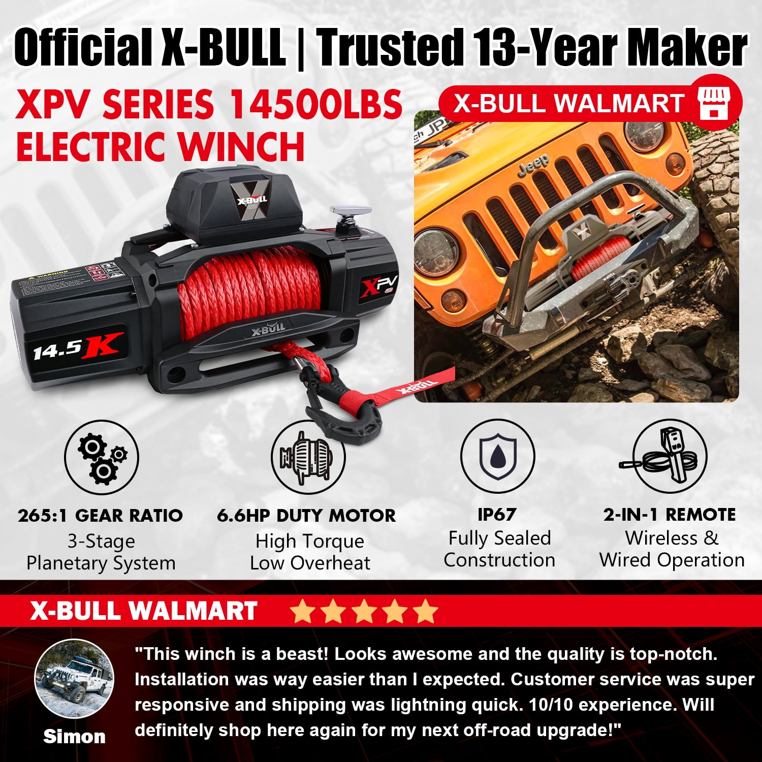 X-BULL 14500LB 12V Electric Winch with Synthetic Rope 2 in 1 Remote Wireless Wired for Jeep Truck Off Road