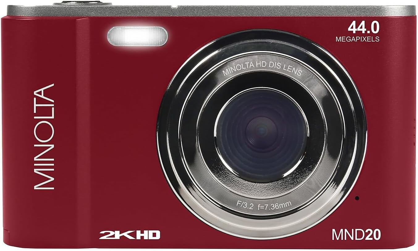 Minolta MND20 44 MP / 2.7K Ultra HD Digital Camera (Red) + 32GB Memory Card + 12" Tripod + Memory Card Wallet + More Bundle