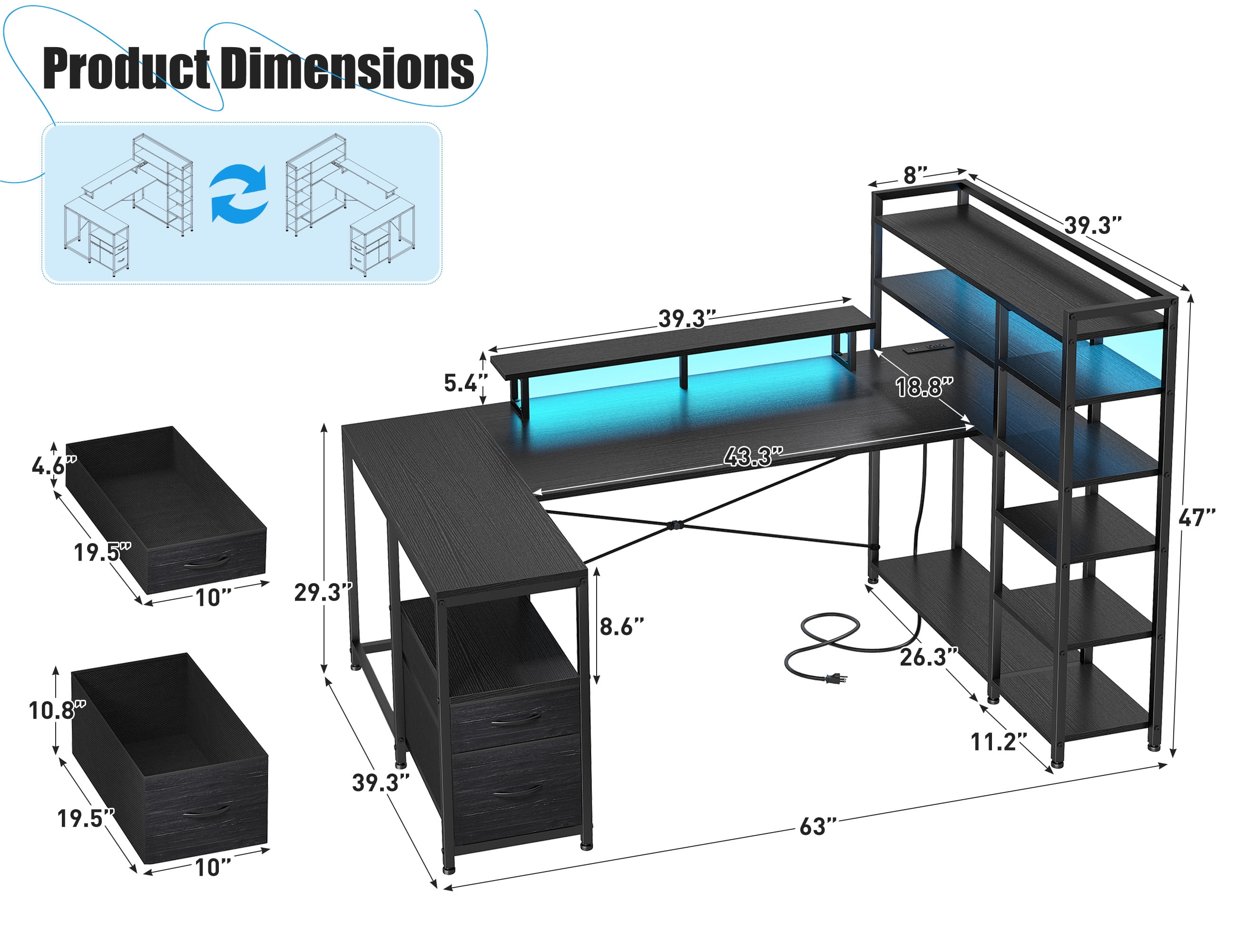 Romorgniz 63 inch U-Shaped Gaming Desk with Power Outlet & LED Lights, 6-Tier Storage Shelves & 2 Fabric Drawers, Reversible Computer Desk for Home Office, Black