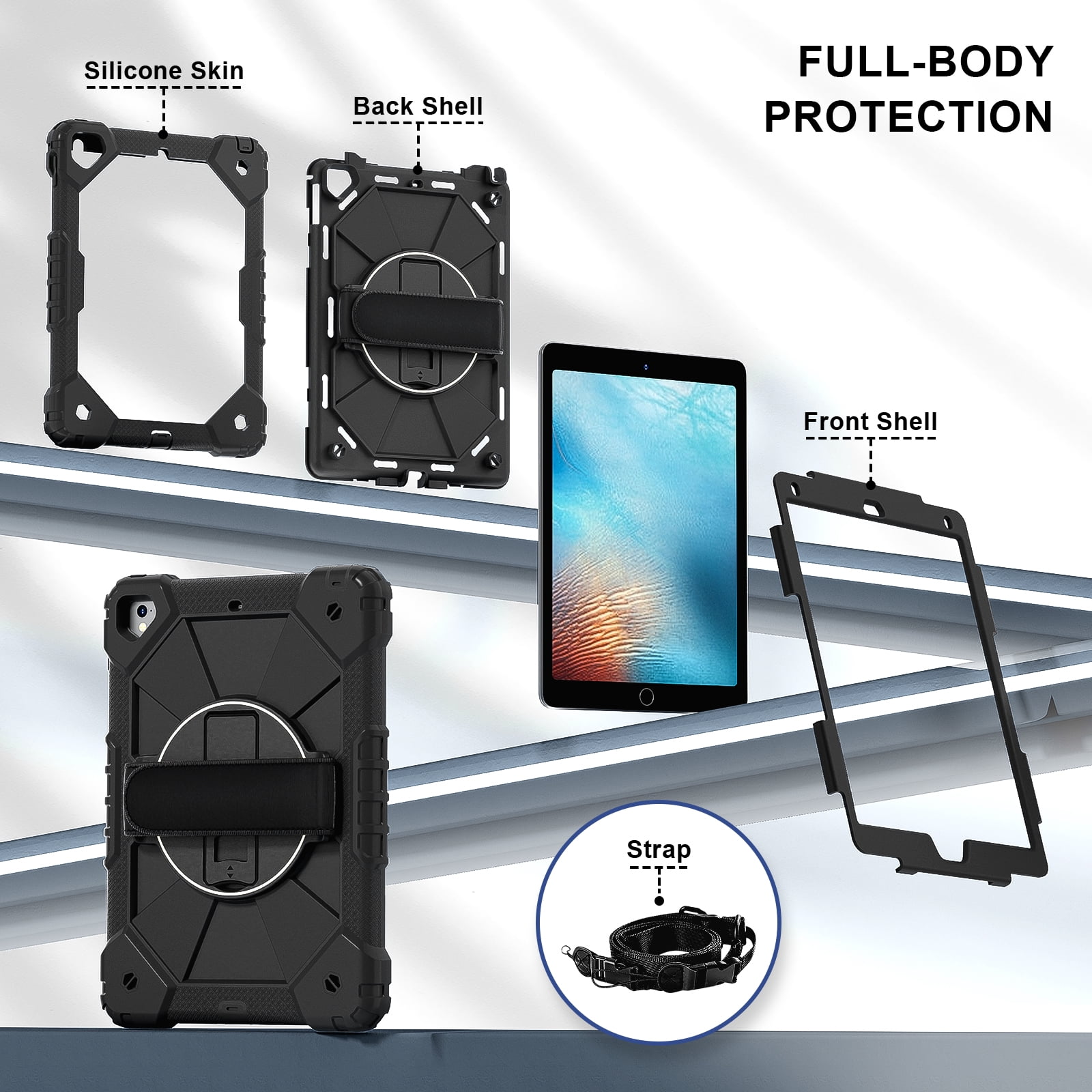 Shockproof Case for Apple iPad 6th 5th Generation 2018 2017 / iPad Air 2 9.7 Inch, Rotating Kickstand Pencil Holder Shoulder Strap Hand Strap Kids Friendly Bumper Cover, Black