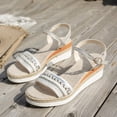 thumbnail image 4 of Espadrilles for Women Open Toe Platform Sandals Braided Band Ankle Strap Summer Dress Shoes Low Wedge Slingback Heels White Size 7.5, 4 of 6