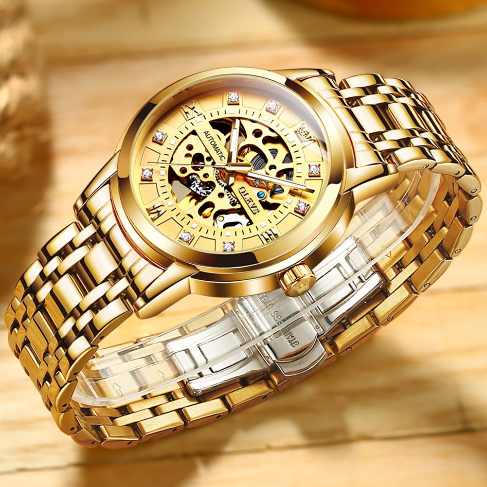 OLEVS Skeleton Watches for Mens Automatic Mechanical self Winding Diamond Luxury Business Dress Stainless Steel Waterproof Luminous Mens Wrist Watches Reloj Para Hombre Blue/White/Black/Gold Dial