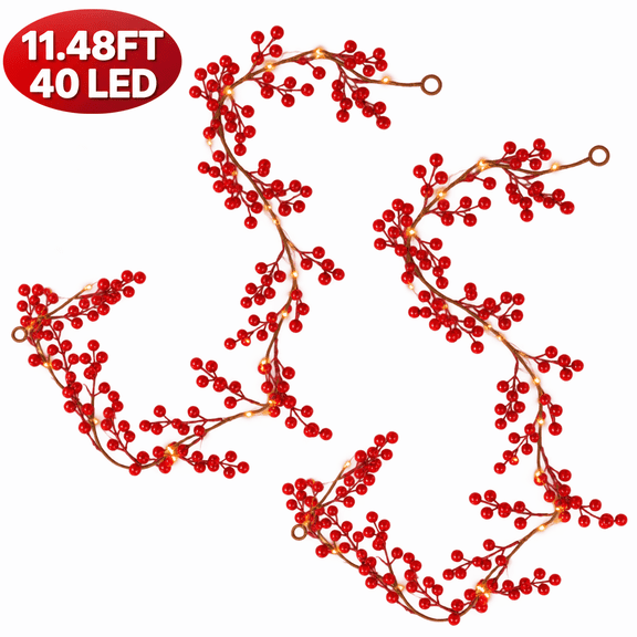 Christmas Garland with Lights Red Berry Garland Decoration Battery Operated String Lights for Indoor Xmas Decoration 11.48Ft 2Pcs