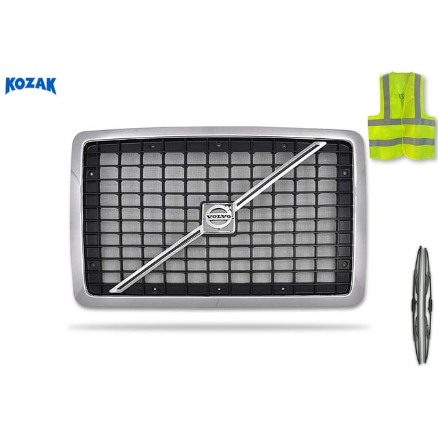 KOZAK compatible with Volvo VNL 2004-2016 Truck Accessories Aftermarket Chrome Finish Front Grille with Bug Net Screen PLUS Logo Emblem with Stripe, 2x22 inch Windshield Wipers and KOZAK Vest