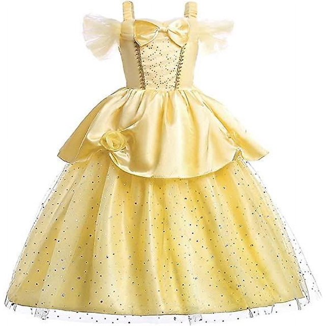 disfraz de princesa bella sin tirantes chao para niña pequeña vestido hinchado CHAO — vestido amarillo sin tirantes con cierre de cremallera, cuerpo con lazo en el escote y falda hinchada; capa superior satinada, tul con destellos y acabado suave; también se usa a menudo para presentaciones escolares o cosplay.