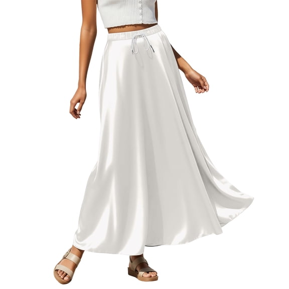 Bibifish Womens Maxi Skirts Solid Elastic Drawstring Waist Skirts Satin Flared Skirts Seaside Vacation Lightweight Loose Flowy Skirts