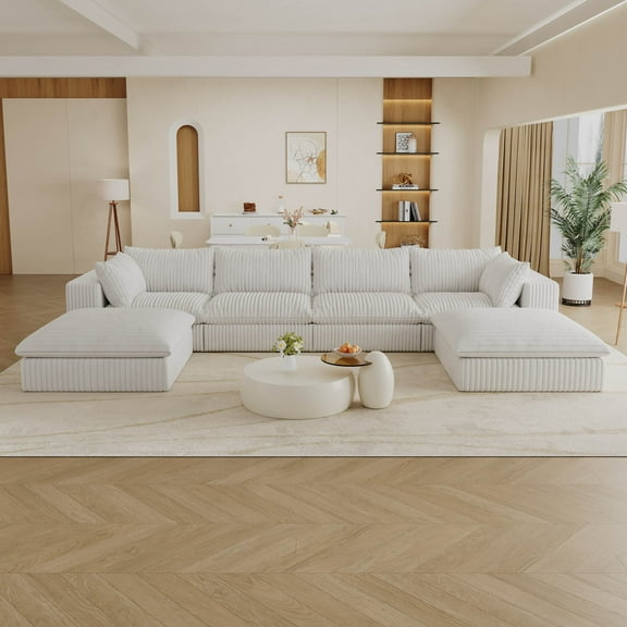 Wiilayok 157.6” Corduroy Modular Sectional Sofa,U Shaped Sectional Sofa Couches with Movable Ottoman Chaise,Deep Seat Comfy Cloud Sofa for Living Room,Beige