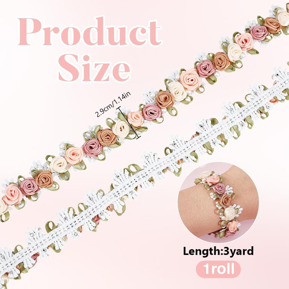 3 Yards Flower Trim Ribbon Lace Edge Trims Vintage Ribbon Vintage Pearl Beads Rose Flowers Embroidered Lace Edge Trim