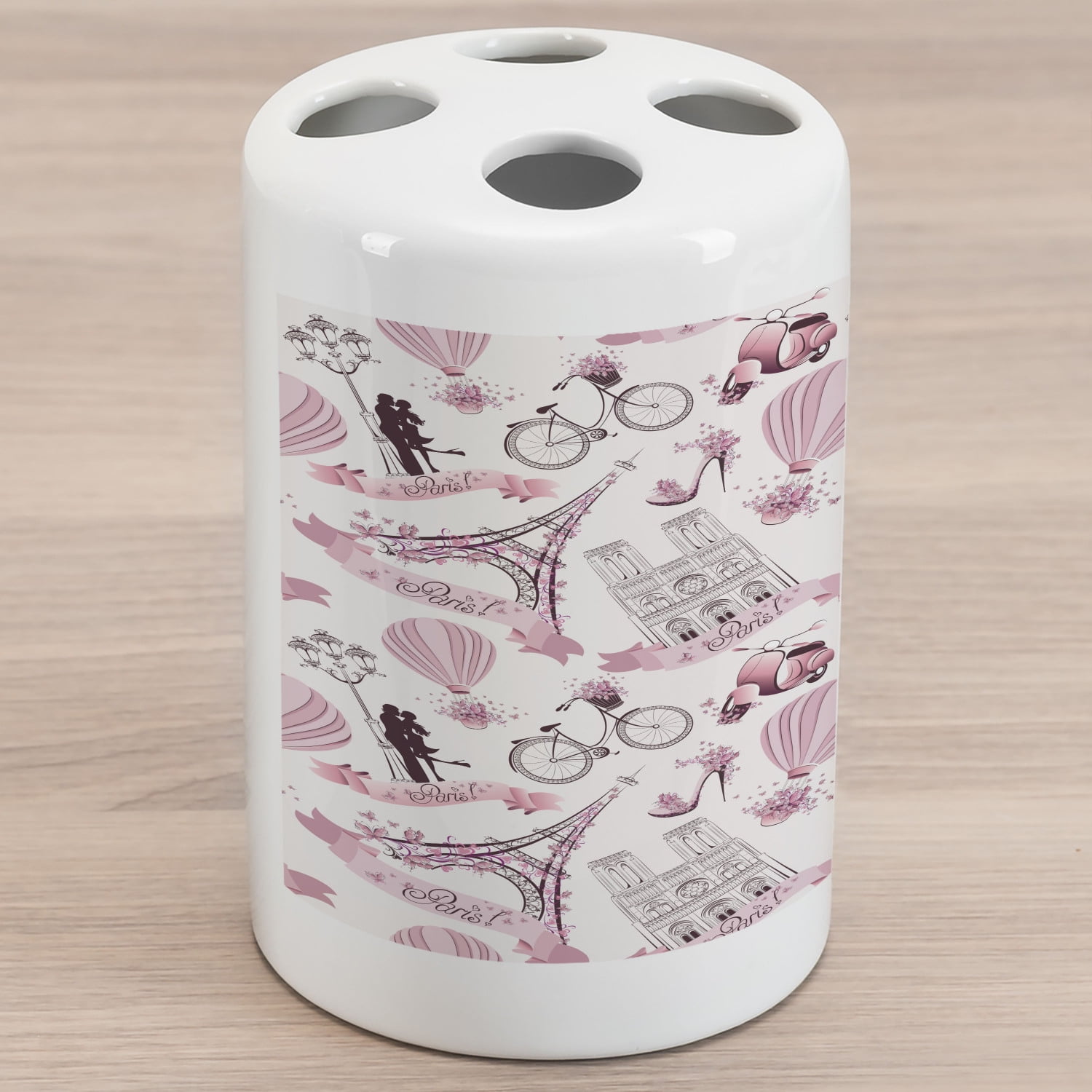 Eiffel Tower Ceramic Toothbrush Holder, Travel in Paris Theme Honeymoon Flowers Romance Hot Air