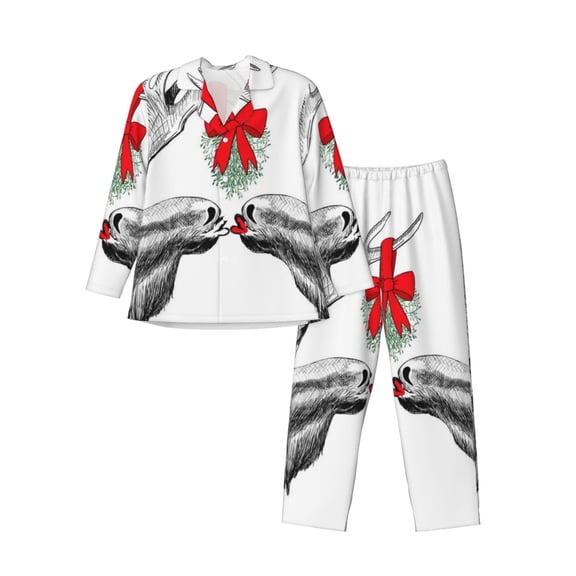 Kdxio Moose Kissing Under Mistletoe Men’s Pajama Set Pajamas For Men 2 Piece PJ Set with Men Pajama Pants and Long Sleeve T-Shirt Lounge Set-