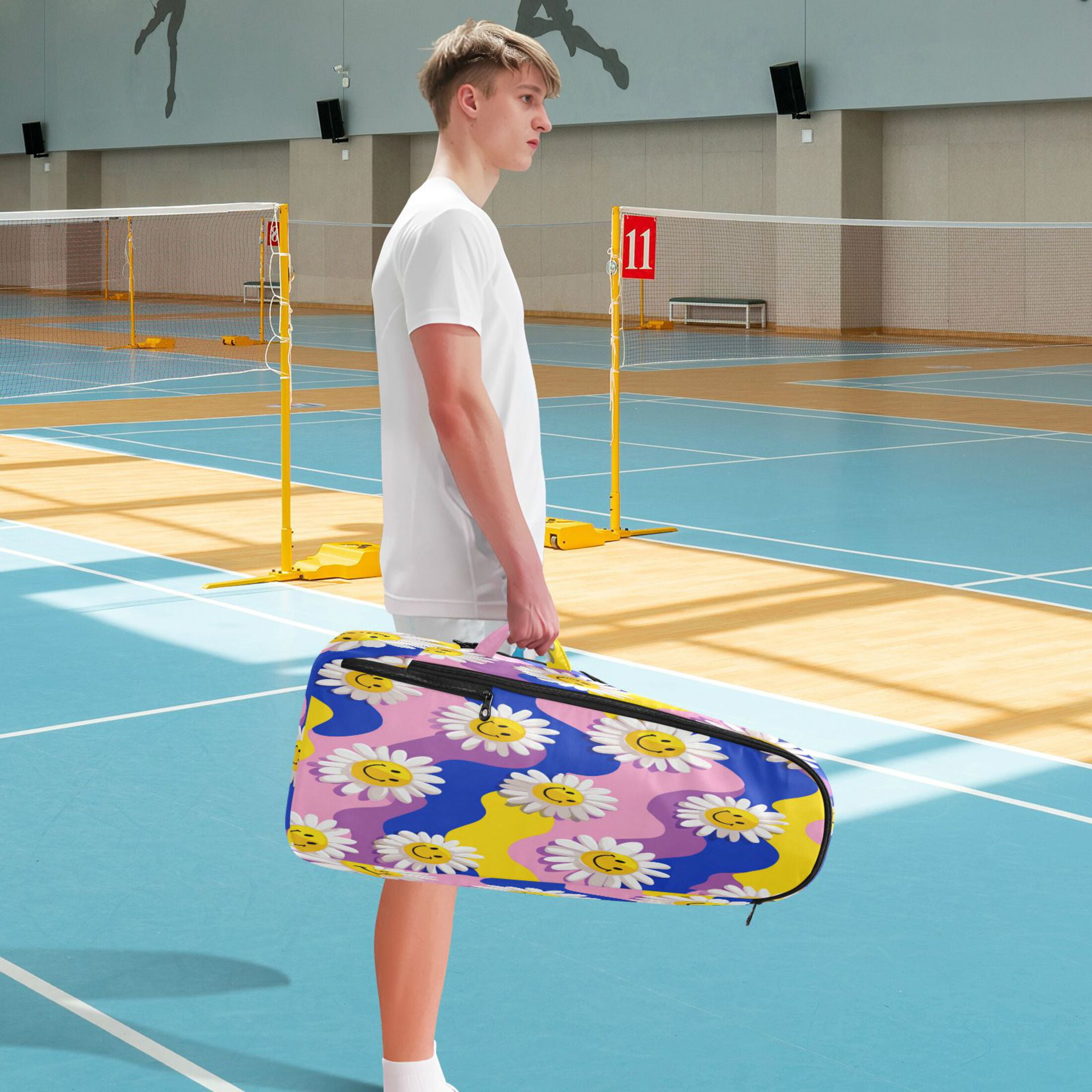 2 Racquet Holder Tennis Backpack Tennis Racket Covers Gym Bags Smiling Daisies on Assorted Backgrounds