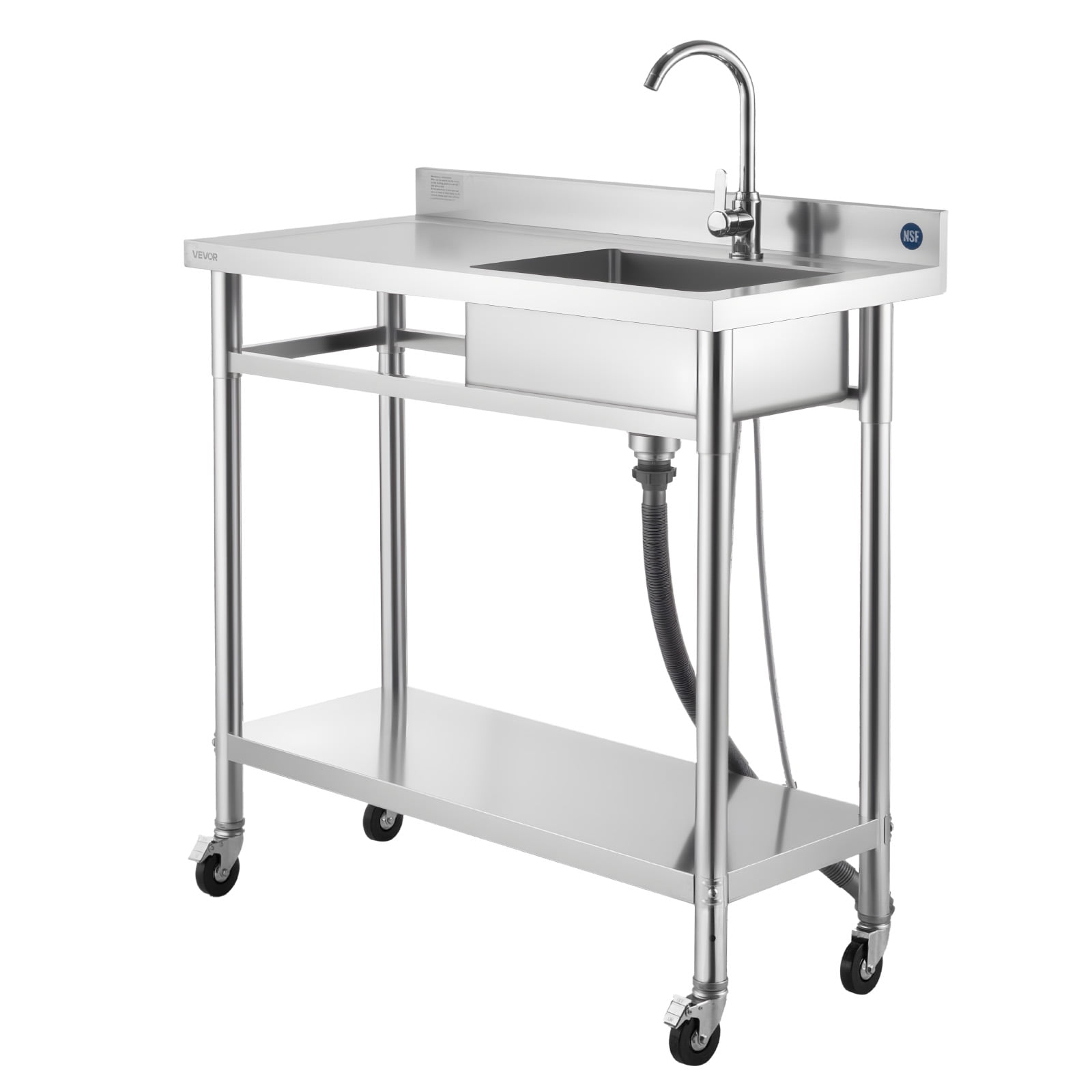 VEVOR Stainless Steel Utility Sink,Rolling Single Bowl Commercial Kitchen Sink with Wheels,Faucet and Hot & Cold Water Pipe,Utility Basin Workbench for Garage Restaurant Laundry 39.4 x 19.7 x 41.5 in