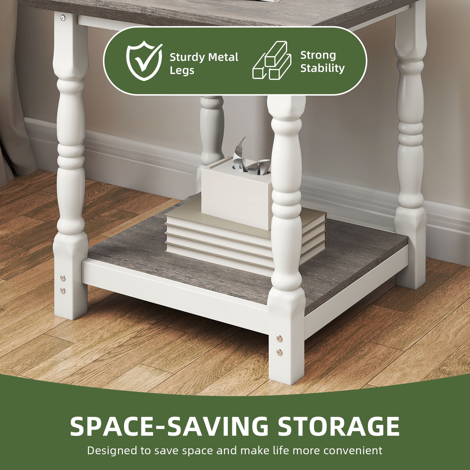 Uforic Roman-Style End Table with Metal Legs, 23.6" Square Side Table with Shelf, White & Gray