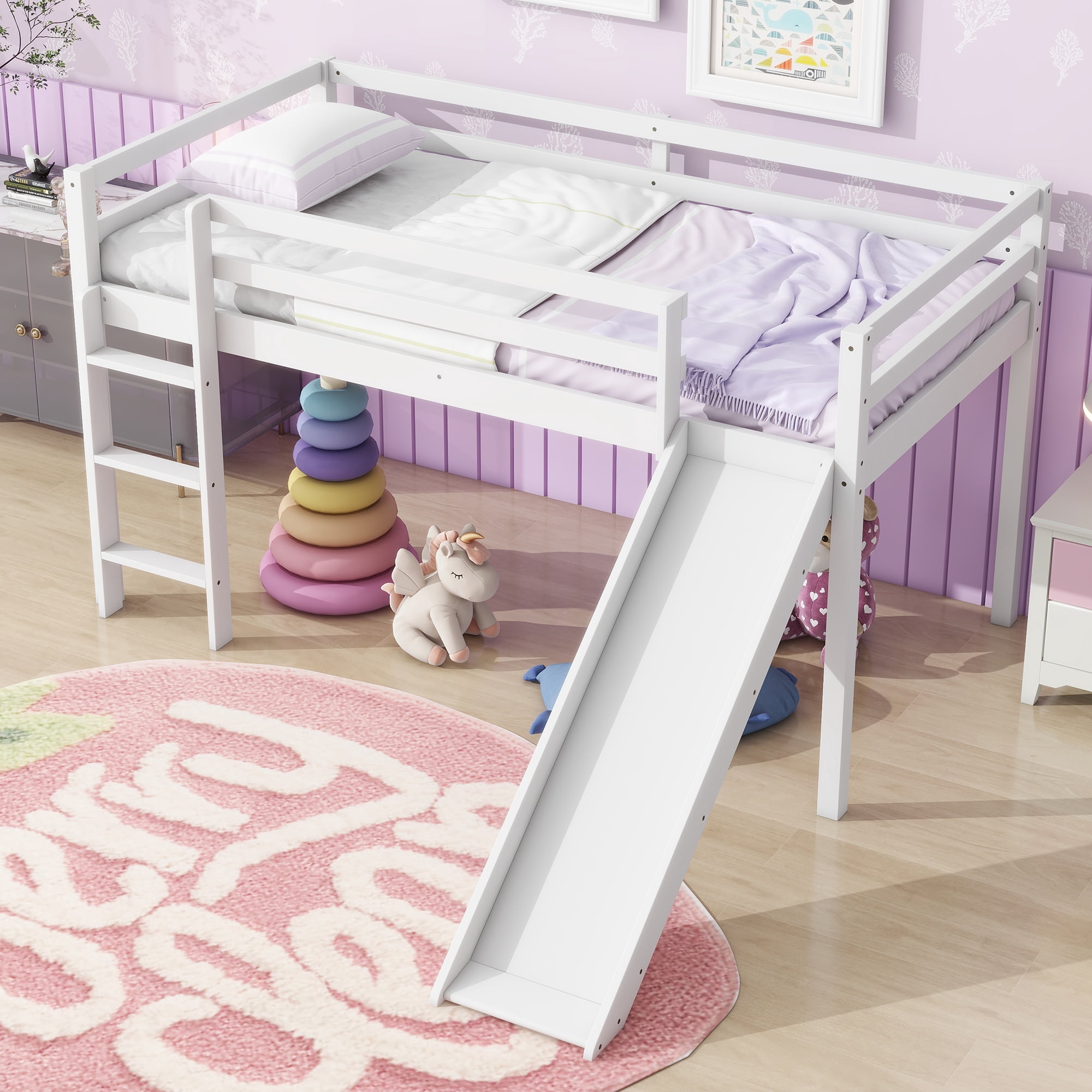 Alvantor Twin Loft Bed with Slide Sturdy Wood Loft Bed for Kids Teens, 300lbs, Safety Rails and Easy Assemble, White Oak