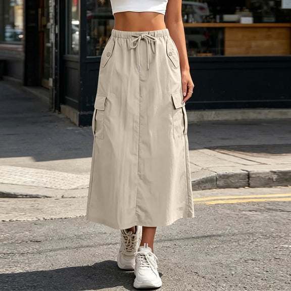 Wovilon Women's Cargo Maxi Skirt with Drawstring Elastic Waist and Multiple Pockets, Side Slit Casual Long Skirt, Solid Color Versatile Bottoms for Sports Outdoor Vacation Daily Wear