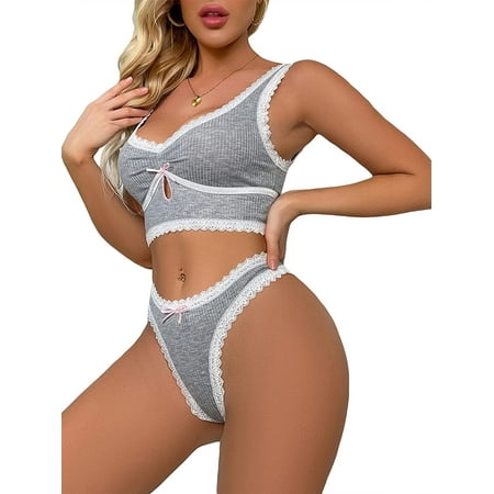 

ZWJHBFLkddd Women s Lace Trim Cut Out Bow Front Thong Lingerie Set Bra and Panty