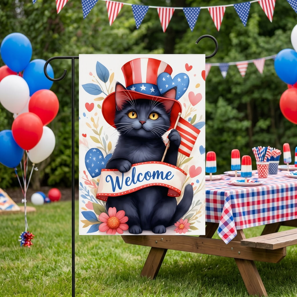USA 250th Anniversary Garden Flag Black Cat Wearing Red White Blue Hat Holding Flag Independence Day Decorations 28x40 Inch Outdoor Banner 4th of July Decorations
