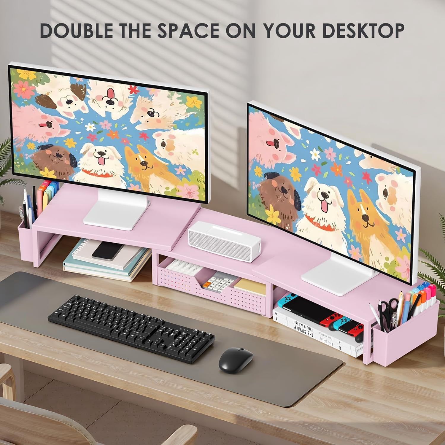 Desk Organizers and Accessories, Dual Monitor Stand Riser with Drawer and 2 Pen Holders, Desk Shelf Metal Computer Racks for Office Workspace Organizers, Desktop Organization (Pink Metal)