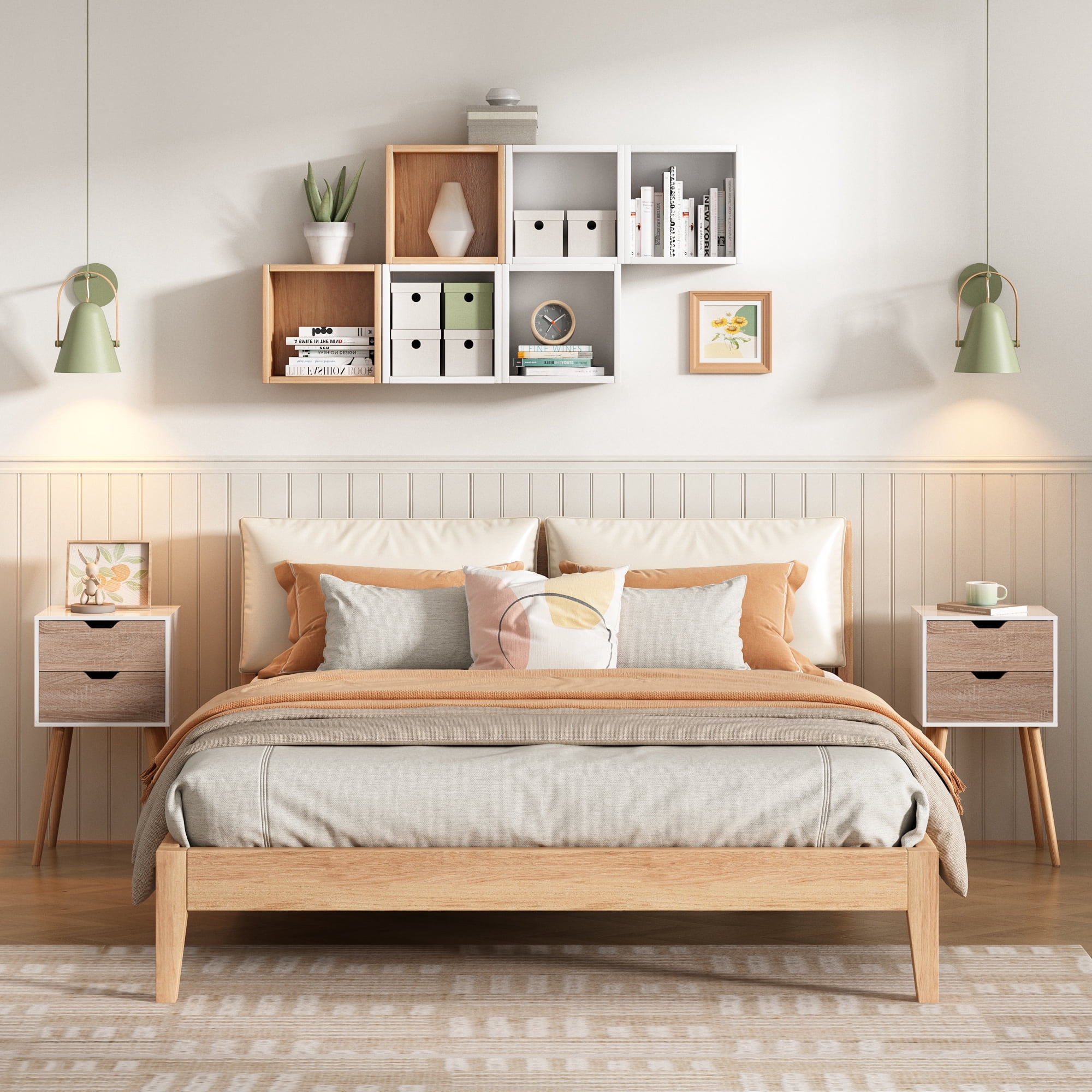 Jaxpety Modern Nightstand with 2 Drawers, Light Walnut & White