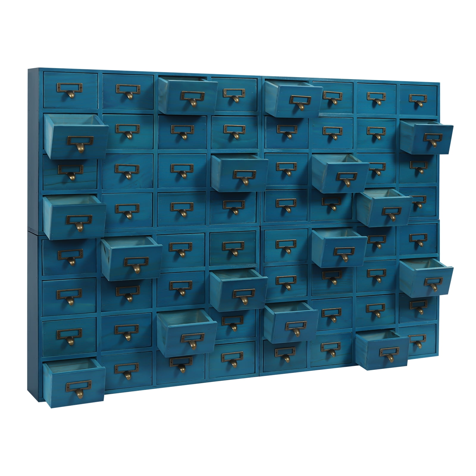 64 Drawers Drawers Storage Cabinet, Apothecary Cabinet with Labels Apothecary Desk Drawer Organizer Tea Coffee Pod Storage Tool Wooden Card Catalog Storage Box for Home, Office, Shop (Blue 4 PCS )