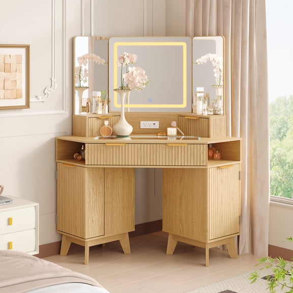 Modern Fluted Makeup Vanity Desk with HD Triple Mirror & Lights – Glass Top, 3 Drawers, 2 Cabinets – Oak Corner Vanity Table for Bedroom with Charging Station