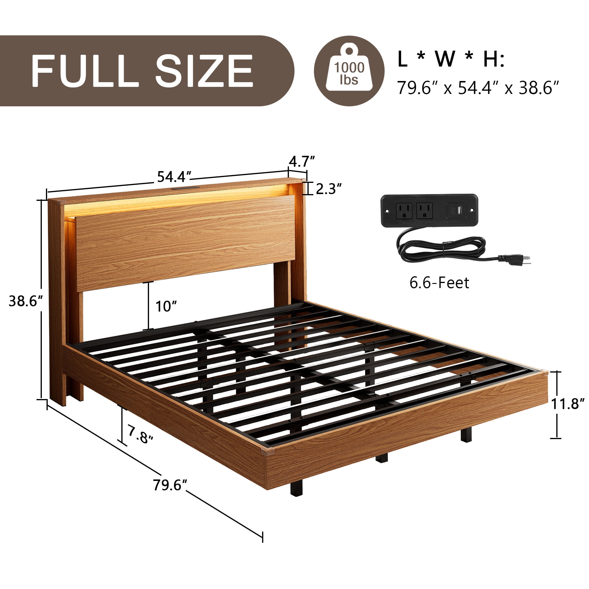 Einhomn Full Size Floating Bed Frame with  LED Lights & Charging Station,Wood Platform Bed Frame with Storage Headboard,Noise Free,No Box Spring Needed,Easy to Assemble-Walnut