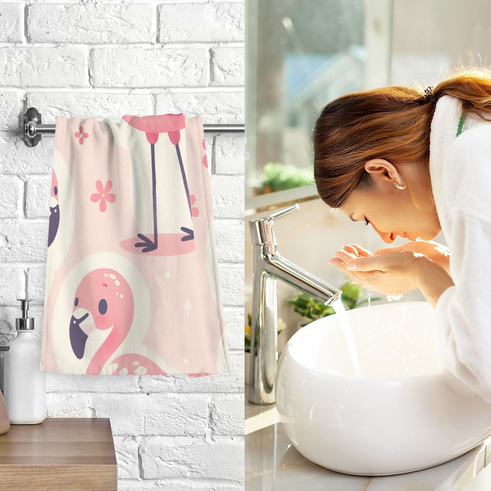 Flamingo and Flowers Pink Hand Towel Bath Towels Face Towels Cotton Absorbent for Home Hotel Spa Swimming Yoga Sports Decorative Towel Set of 2
