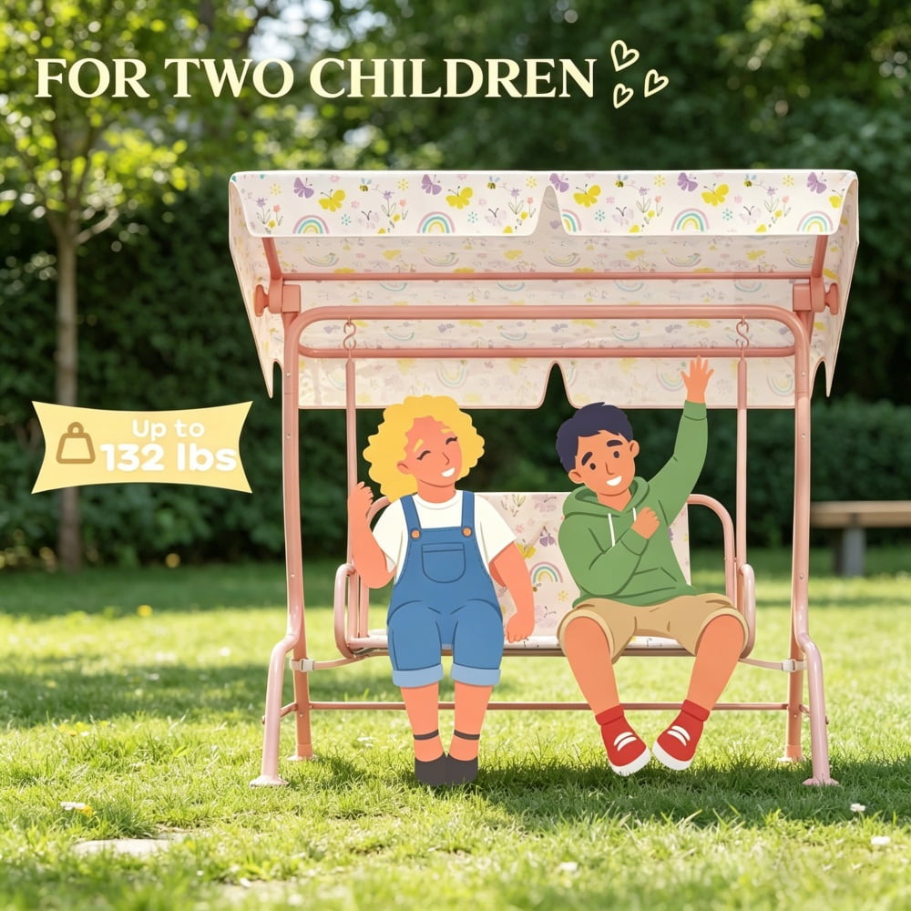 Pink Kids Swing Chair with Adjustable Canopy - Heavy-Duty Steel Frame, 132lbs Capacity for 3-6 Years Old