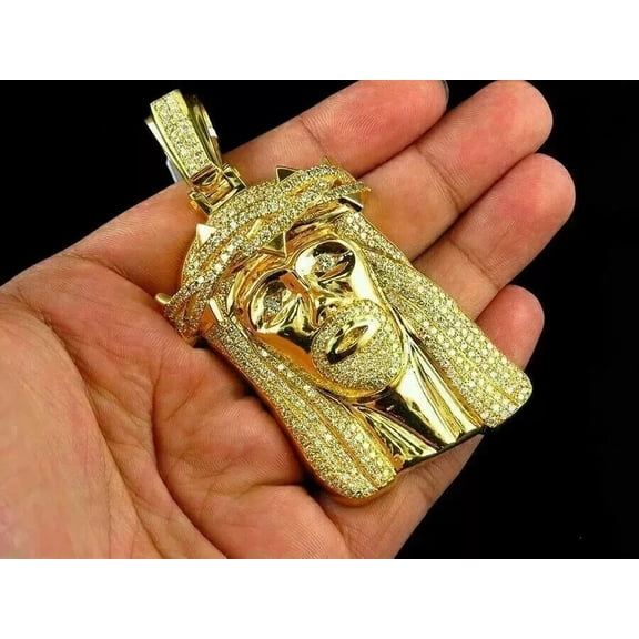 2 Ct Round Cut White Moissanit Jesus Face Pendant 14k Yellow Gold Plated