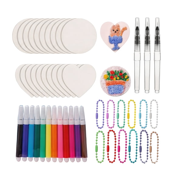 55pcs Magic Puffy Foam Texture Painting Kit, 3ml Puffy Art Paper Set, DIY Craft Art Supplies for Kids, Includes 20 Blank Bases, 12 Colouring Pens, 3 Water Pens, 12 Bead Chains