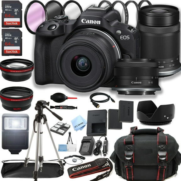 Canon EOS R50 Mirrorless Camera with 18-45mm and 55-210mm Lenses   128GB Memory   Case   Tripod   Filters (40pc Bundle)