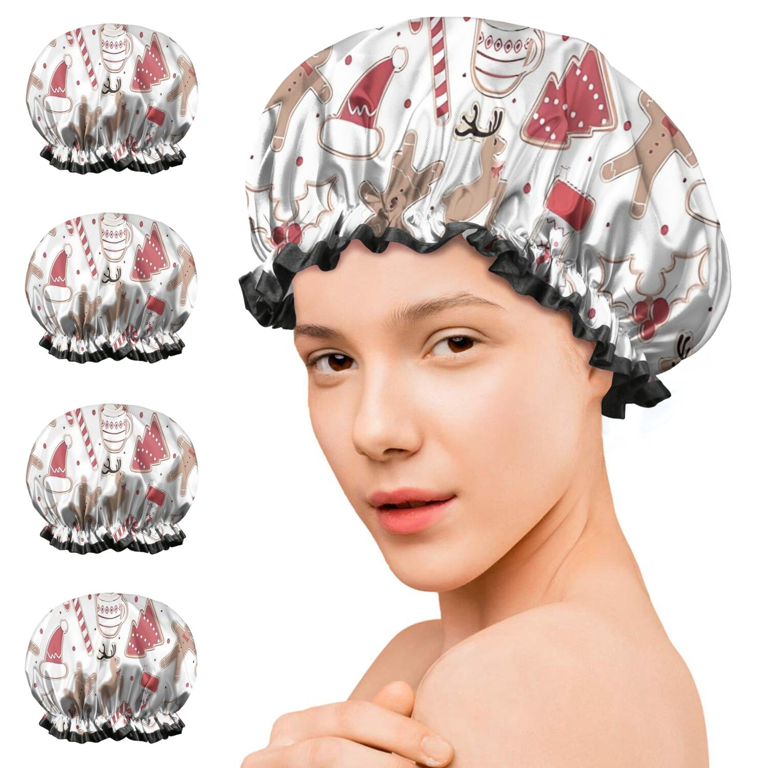 Shower Caps,White Christmas Cookie Pattern Waterproof Shower Cap for Women 4 Pieces,Double Reusable Hair Cover for Shower PEVA Elastic Stretch Hem