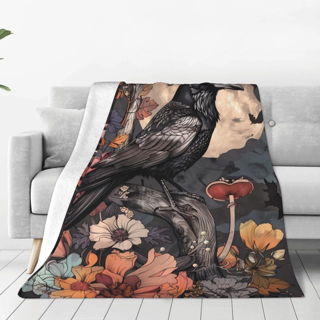 Balery Moonlit Crow Blossoms Manta de Felpa Suave y Acogedora – Cobija de Franela Aterciopelada para Cama, Lavable y Cálida para Sofá, Mascotas, Transpirable-40"x30"