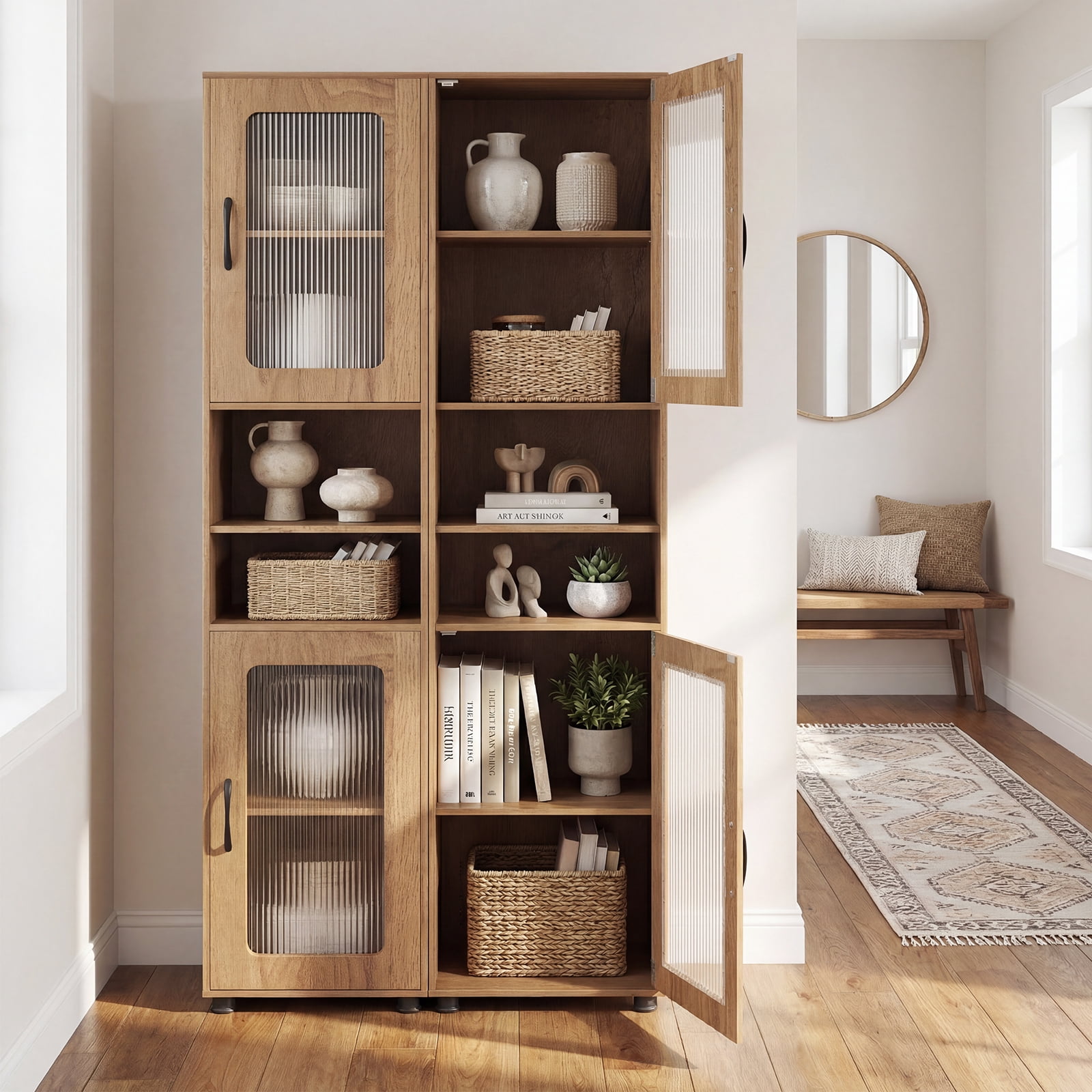 Giantex Tall Bathroom Storage Cabinet, Freestanding Storage Organizer w/Adjustable Shelf for Small Spaces, Natural