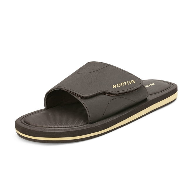 Nortiv 8 Men's Memory Foam Adjustable Slide Sandals Comfort Lightweight Beach Shoes Summer Outdoor Slipper Fusion Dark/Brown Size 15