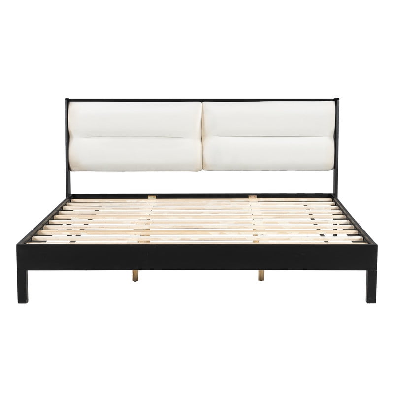 Wooden King Size Platform Bed with Velvet Upholstered Headboard, Low-Profile Bed Frame with Slat Support No Box Spring Needed