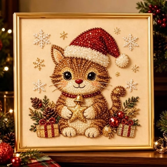 Christmas Pearl Diamond Art Kit for Adults 5D Sparkling Raised Bead Painting Set on Framed Canvas Complete DIY Craft with Cat Patterns Holiday Home Wall Decor Gift for Beginners