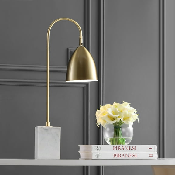 JONATHAN Y Ana 26" Gold Arched Metal with Marble Base LED Table Lamp, Brass Gold/White, JYL1092A