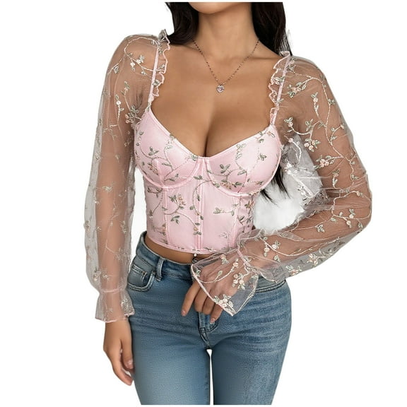 Women's Floral Lace Corset Off Shoulder Mesh Sheer Party Crop Top Pink S