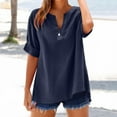 thumbnail image 2 of Women's T-Shirts Solid Color Cotton Linen 3/4 Sleeve Split V-Neck Button Tops Casual Loose T-Shirts, 2 of 7
