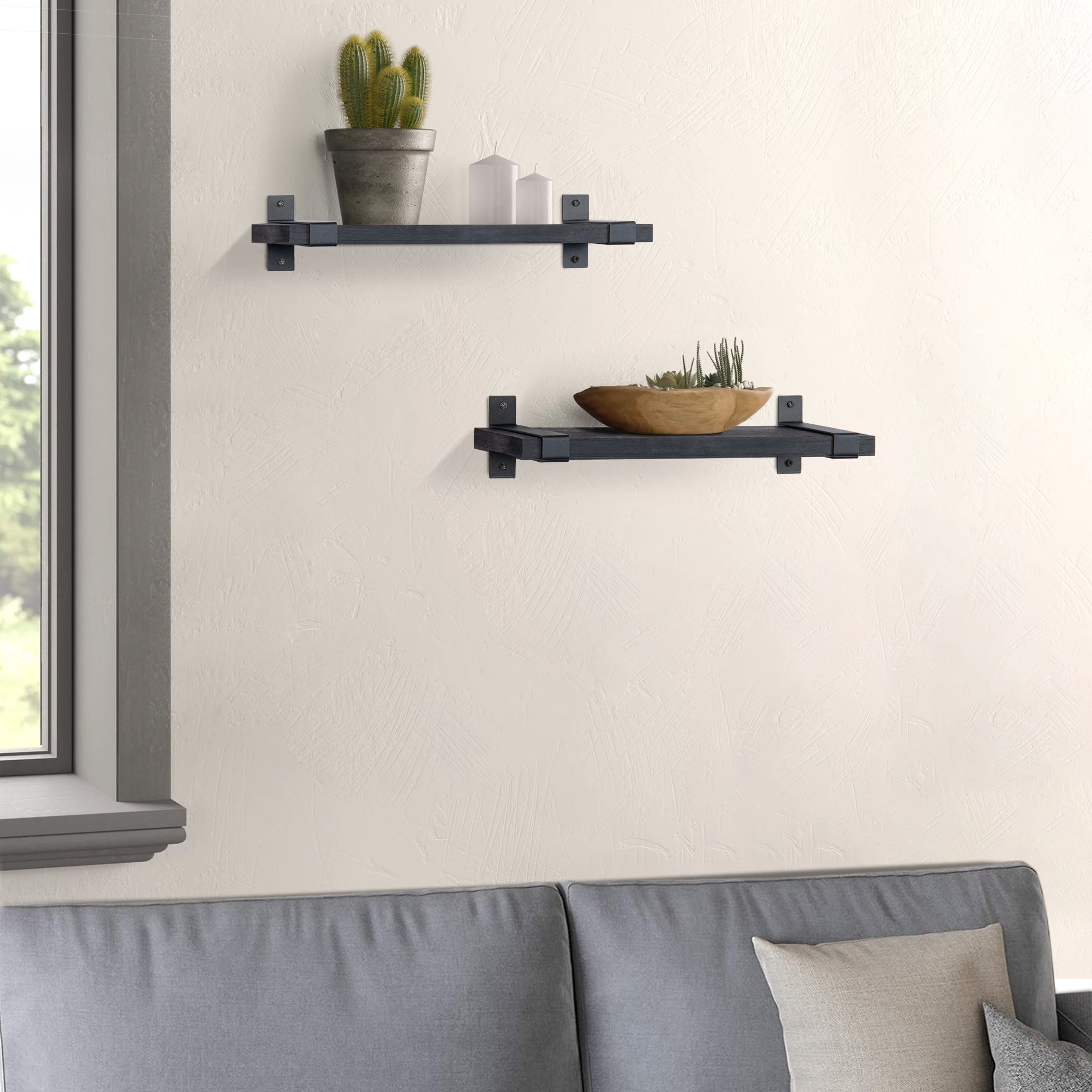 Lavievert Floating Shelves Wall Mounted Set of 2, Rustic Wood Wall Storage Shelves for Bedroom, Living Room, Bathroom, Kitchen, Office - Black