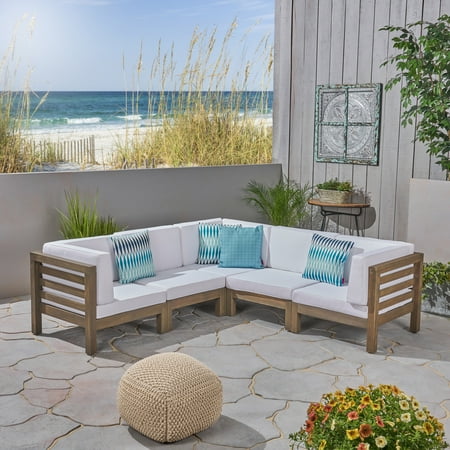 Frankie Outdoor 5 Piece Acacia Wood V-Shaped Sectional Sofa Set and Cushions, Gray, White