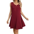 thumbnail image 2 of Women'S Summer Solid Color Round Neck Hollow Pleated Sleeveless Dress with Pockets Wine Red M, 2 of 9