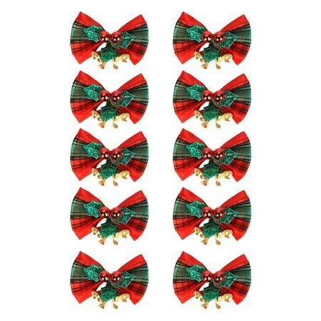 

HOFY 10Pcs Christmas Bowknot Golden/Green Leaf Metal Bells Anti-fade Reusable Bright Color Festival Props Polyester Xmas Tree Wreath Mini Bow Pendant for Party