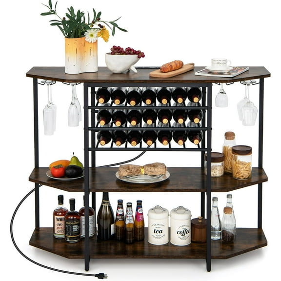 Wine Bar Cabinet with 3 Tier Wine Racks Wine Storage, Glasses Holder, Brown
