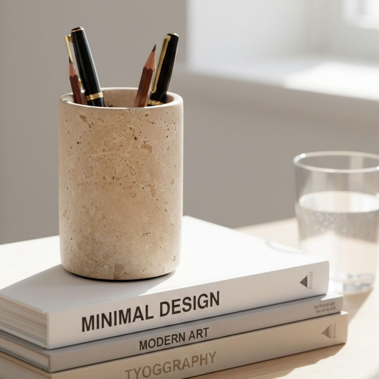 Radicaln Travertine Marble Stationary Holder 4" – Pencil Stand for Desk, Makeup Brush Holder, Toothbrush Organizer, Office Supplies Caddy, Minimalist Décor