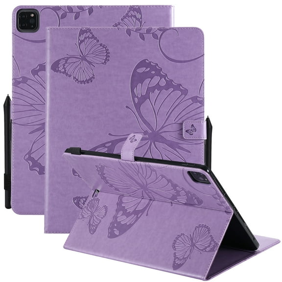 TECH CIRCLE Wallet Case for iPad Air 13 Inch M2 2024/iPad Pro 12.9 2022/2021/2020/2018 with Pencil Holder,Embossed Butterfly Auto Sleep/Wake PU Leather Smart Stand Girls Cute Folio Pocket Cover,Purple