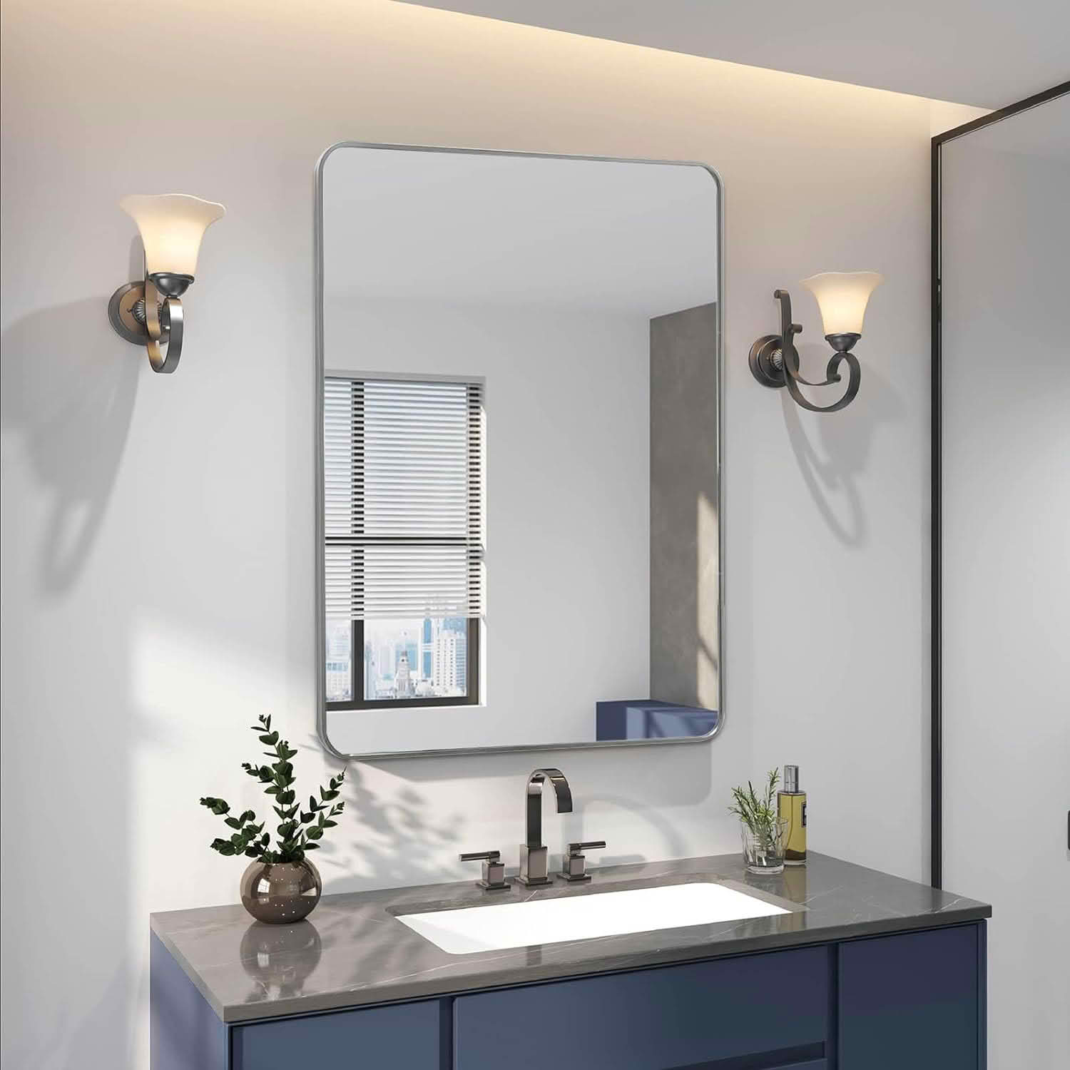 MAYEERTY 24x36 Inch Silver Metal Framed Rectangular Bathroom Wall Mirror, for Bathroom and Entryway
