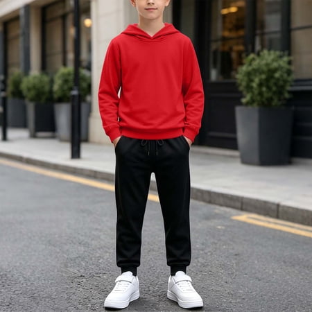 dazeni Boys Active Hoodies and Jogger Sets Lightweight 2 Piece Outfits Long Sleeve Hooded Pullover and Dawstring Jogger Sweatpants with Pockets Red 1-2 Years